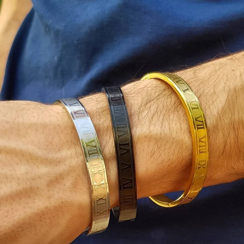 Stainless Steel Roman Numeral Cuff Bracelet Bangle for Men and Women – Luxury Couple Jewelry