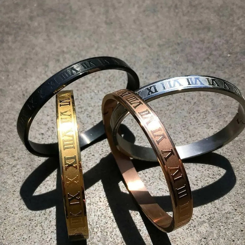 Stainless Steel Roman Numeral Cuff Bracelet Bangle for Men and Women – Luxury Couple Jewelry