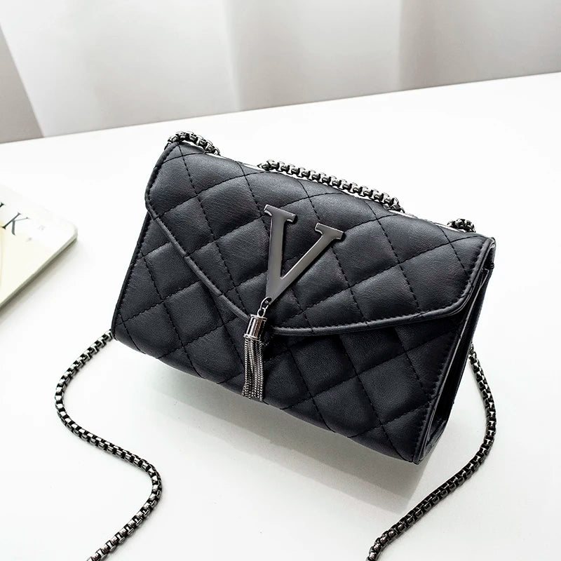 Women’s Black PU Leather Crossbody Bag – Quilted Plaid Shoulder Purse