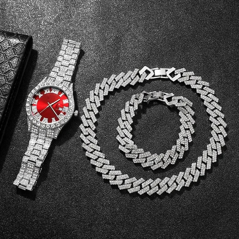 Hip Hop Watch & Cuban Chain Set – 14mm Rhinestone Jewelry Gift