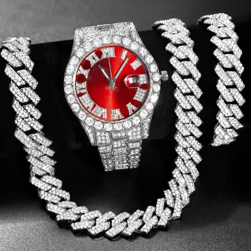 Hip Hop Watch & Cuban Chain Set – 14mm Rhinestone Jewelry Gift
