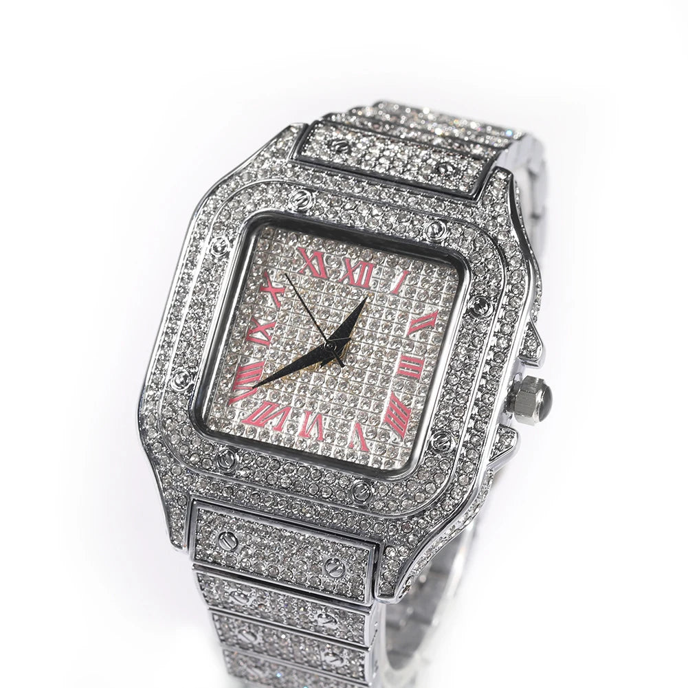 Men’s Iced Out Square Watch – Stainless Steel Luxury Quartz