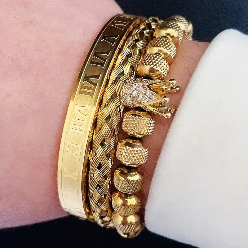 Luxury Crown Charm Bracelet Set for Men and Women, Roman Numeral Stainless Steel Bangles, Valentine's Day Gift