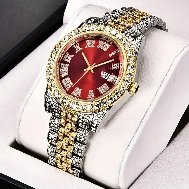 Men's Hip Hop Quartz Watch with Oversized Rhinestone Dial and Stainless Steel Band – Vintage-Inspired Retro Timepiece