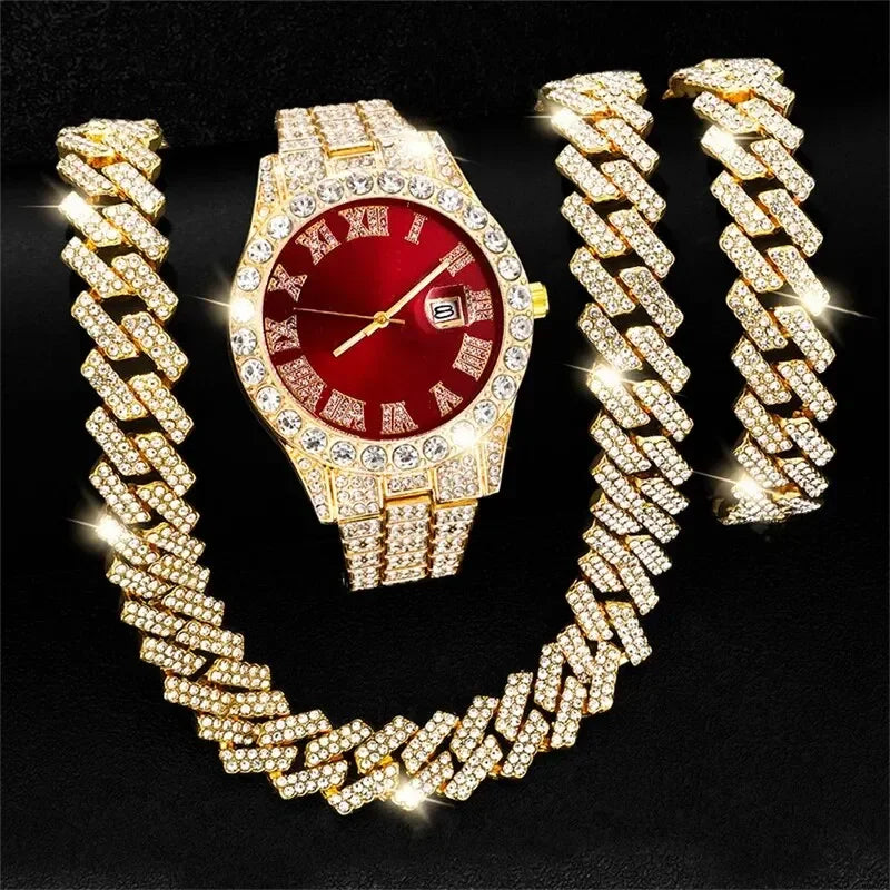 Hip Hop Watch & Cuban Chain Set – 14mm Rhinestone Jewelry Gift