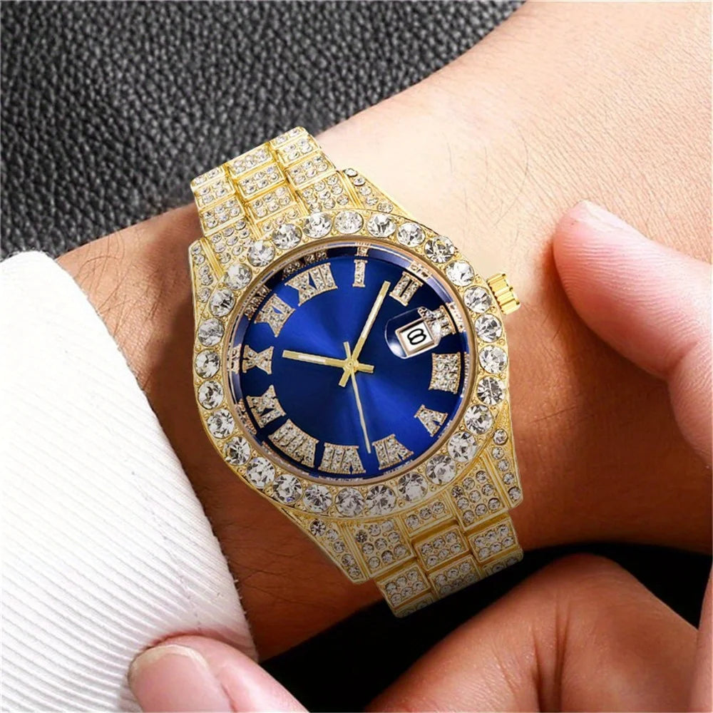 Men's Hip Hop Quartz Watch with Oversized Rhinestone Dial and Stainless Steel Band – Vintage-Inspired Retro Timepiece