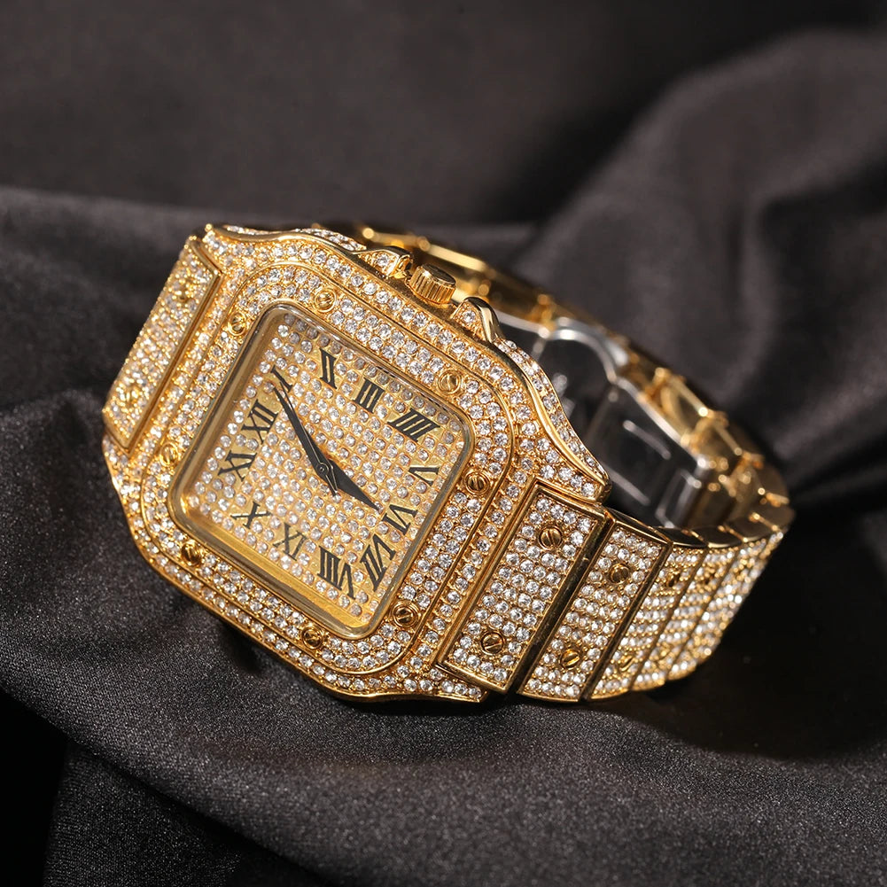 Men’s Iced Out Square Watch – Stainless Steel Luxury Quartz