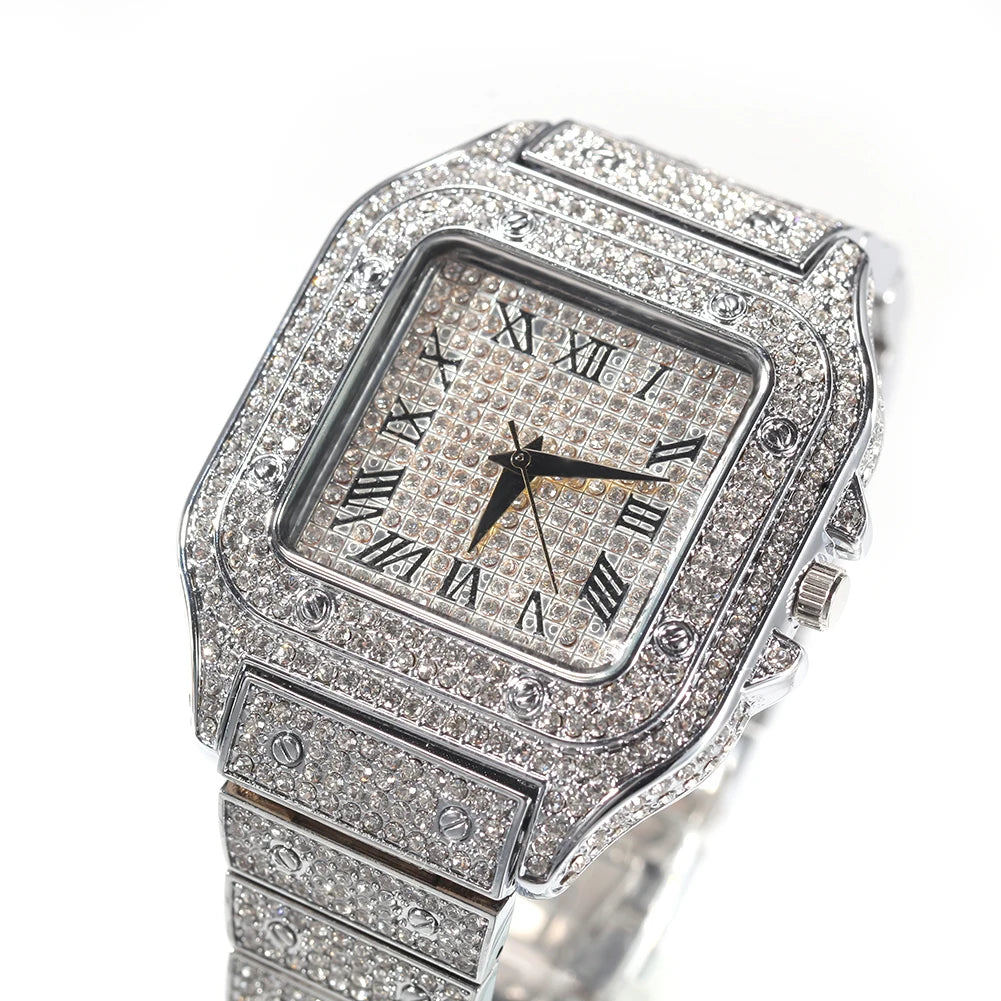 Men’s Iced Out Square Watch – Stainless Steel Luxury Quartz