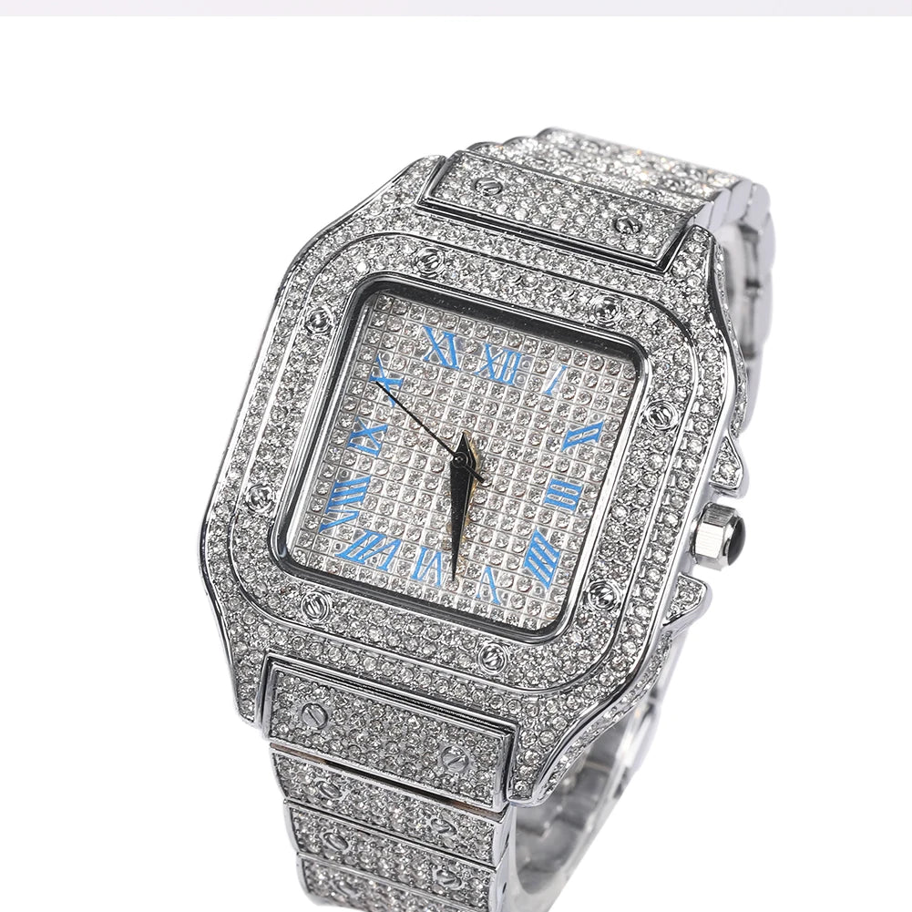 Men’s Iced Out Square Watch – Stainless Steel Luxury Quartz