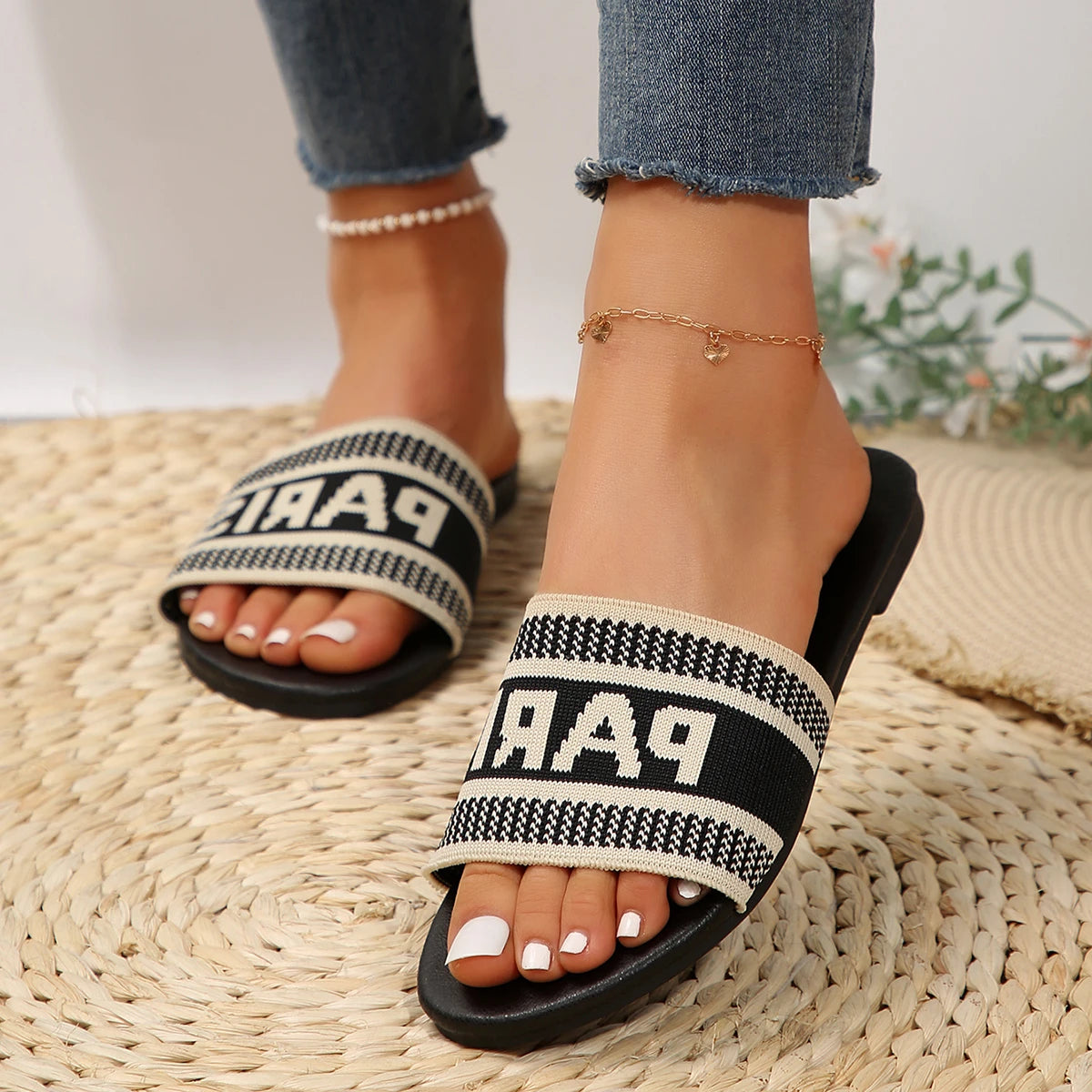 2025 Women's Casual Flat Sandals with Letter Print – Outdoor Cloth Upper Slide Slippers