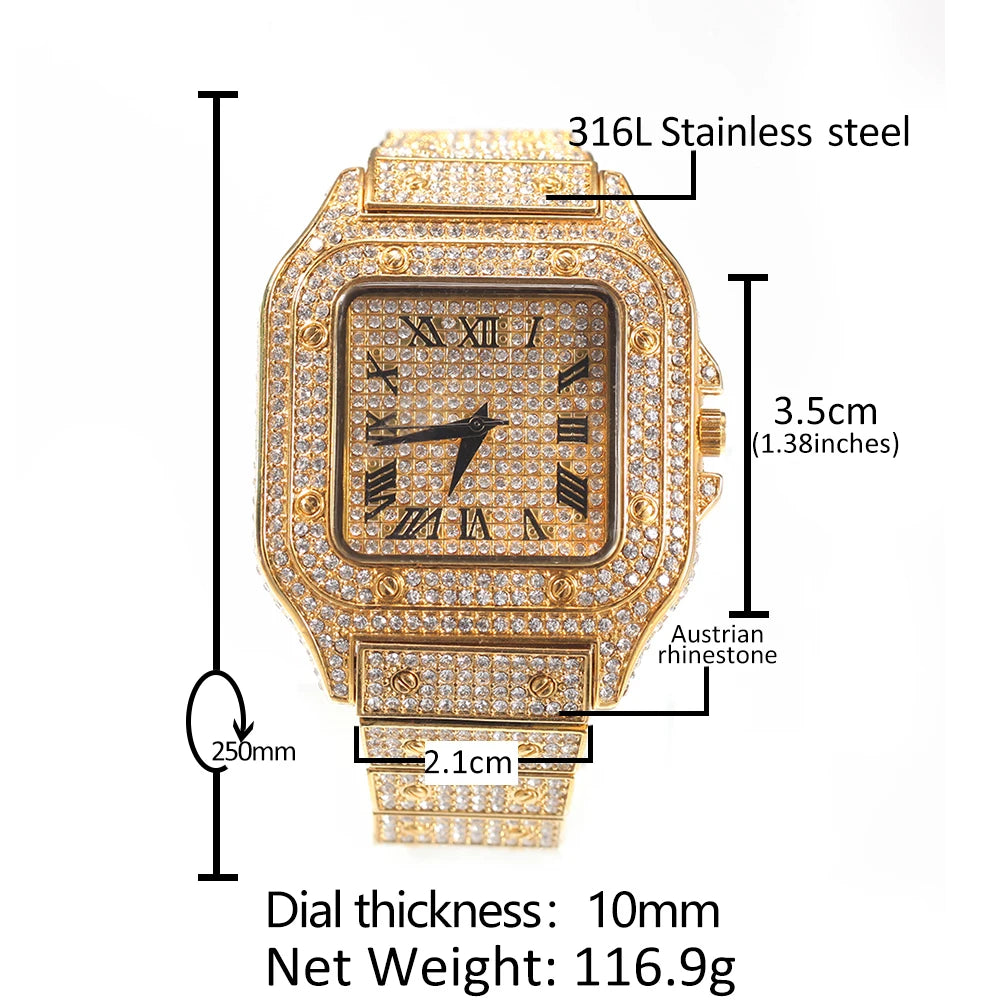 Men’s Iced Out Square Watch – Stainless Steel Luxury Quartz