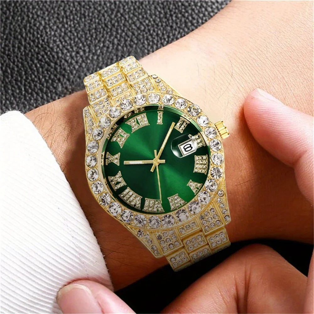 Men's Hip Hop Quartz Watch with Oversized Rhinestone Dial and Stainless Steel Band – Vintage-Inspired Retro Timepiece