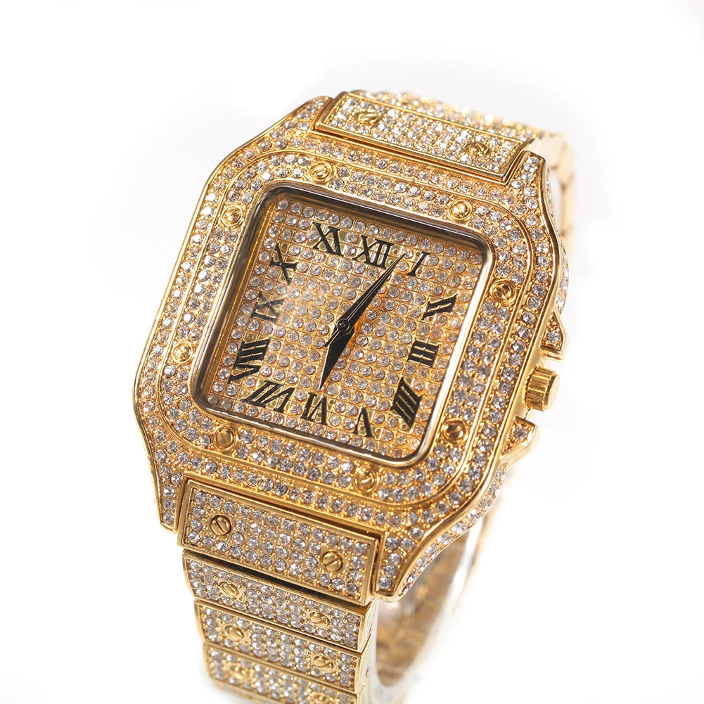 Men’s Iced Out Square Watch – Stainless Steel Luxury Quartz