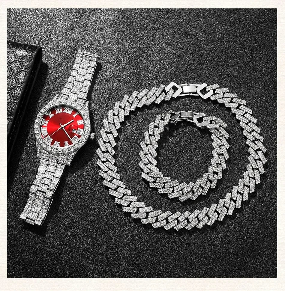 Hip Hop Watch & Cuban Chain Set – 14mm Rhinestone Jewelry Gift