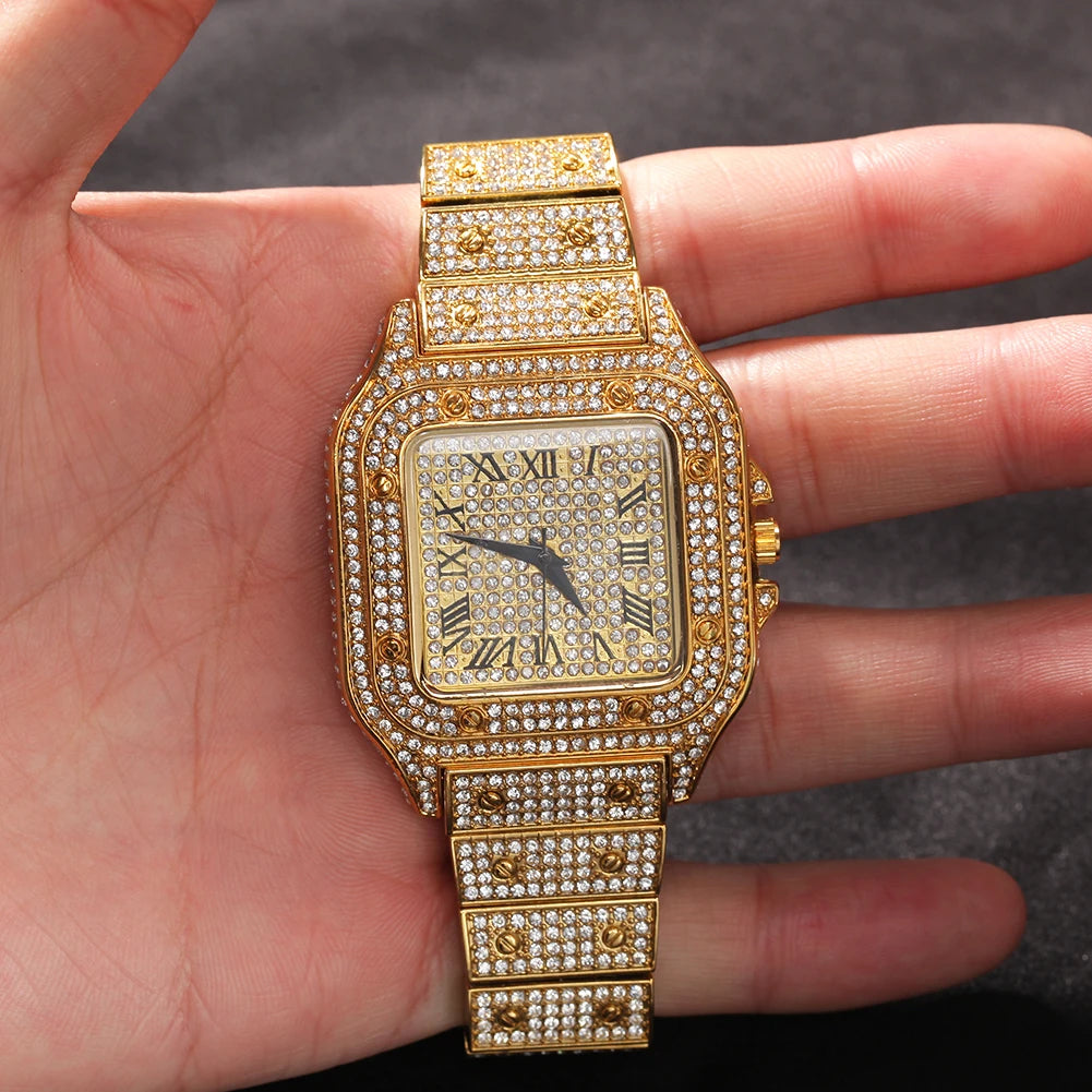 Men’s Iced Out Square Watch – Stainless Steel Luxury Quartz