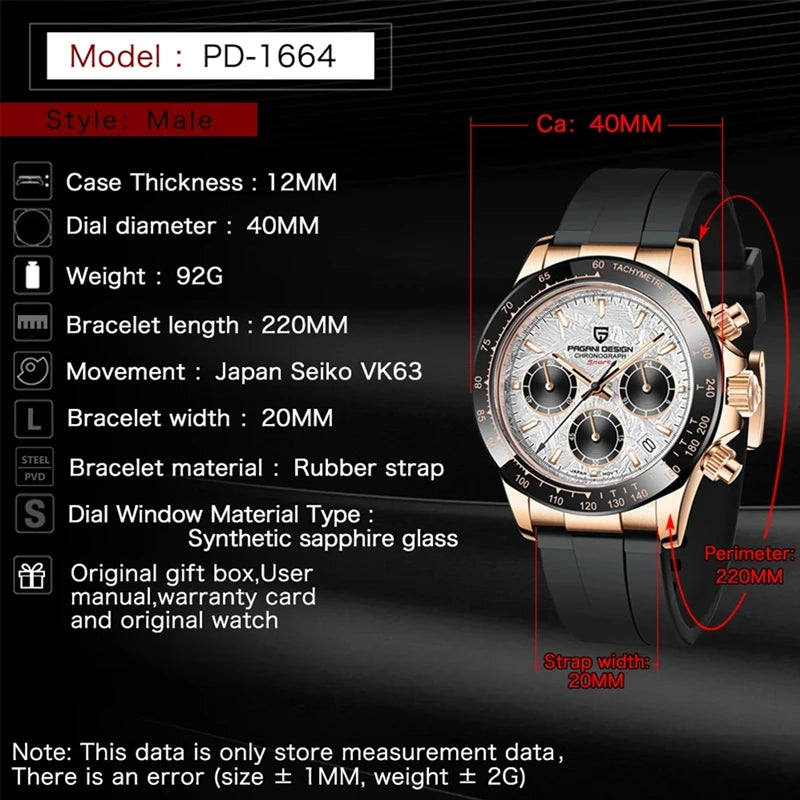 Pagani Design Men's 40mm Quartz Chronograph Watch Stainless Steel Waterproof Sapphire Glass
