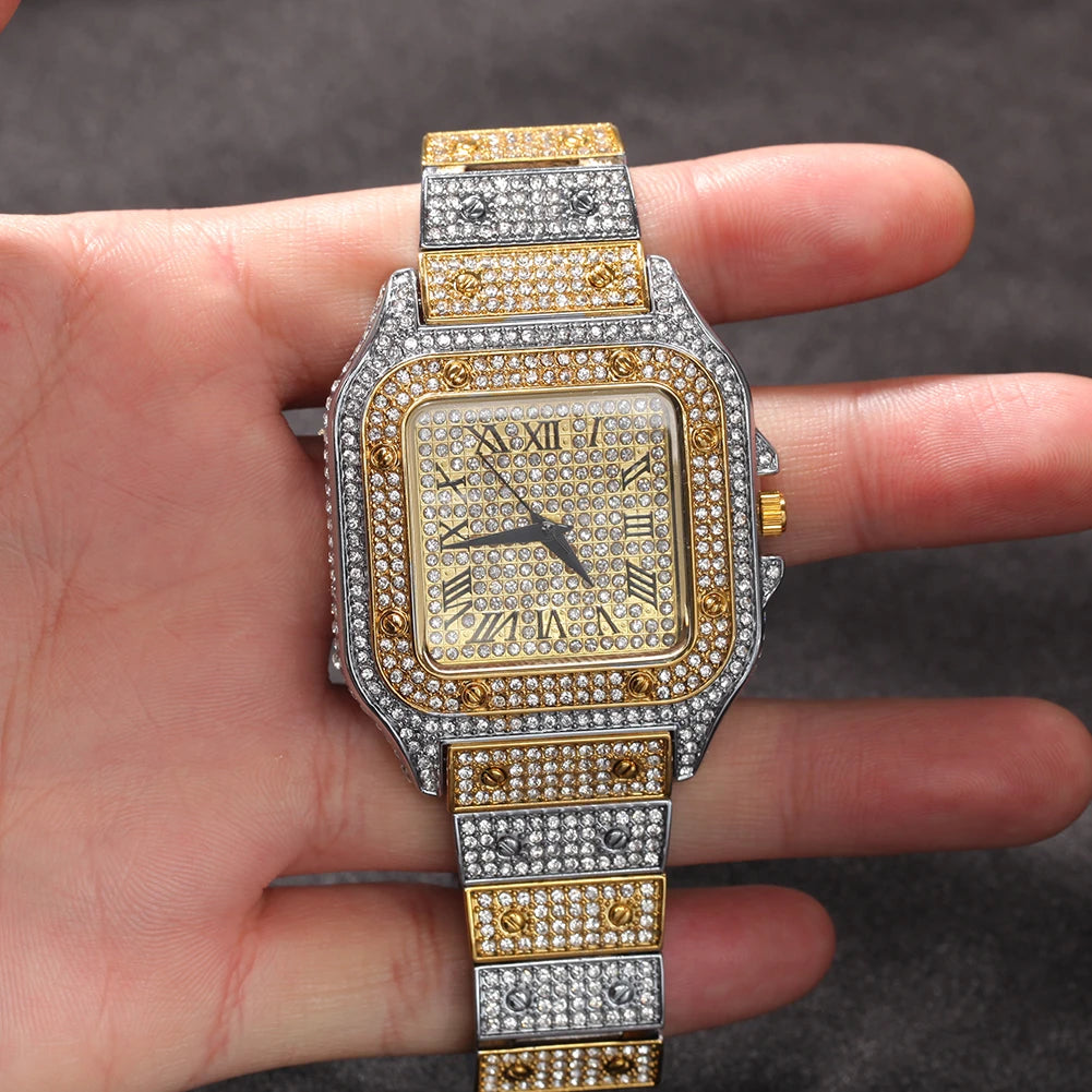 Men’s Iced Out Square Watch – Stainless Steel Luxury Quartz