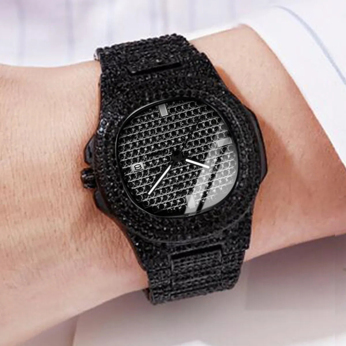 Men’s Black Stainless Steel Quartz Watch with Calendar & Rhinestones
