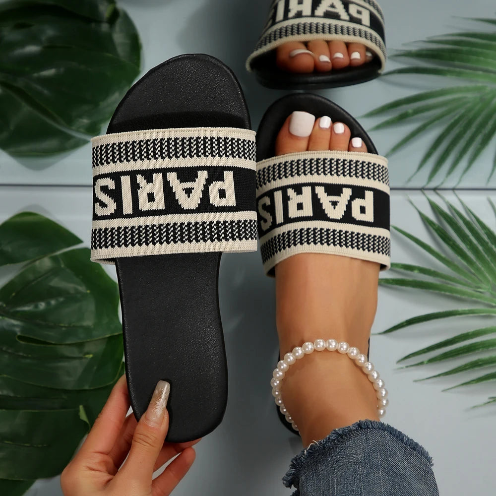 2025 Women's Casual Flat Sandals with Letter Print – Outdoor Cloth Upper Slide Slippers