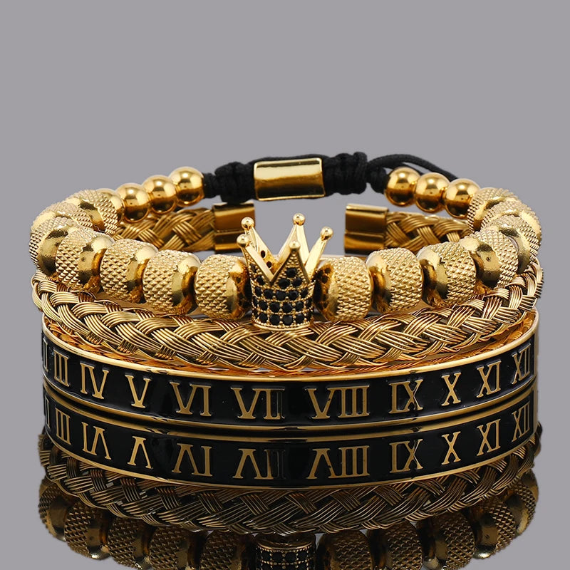 Luxury Crown Charm Bracelet Set for Men and Women, Roman Numeral Stainless Steel Bangles, Valentine's Day Gift
