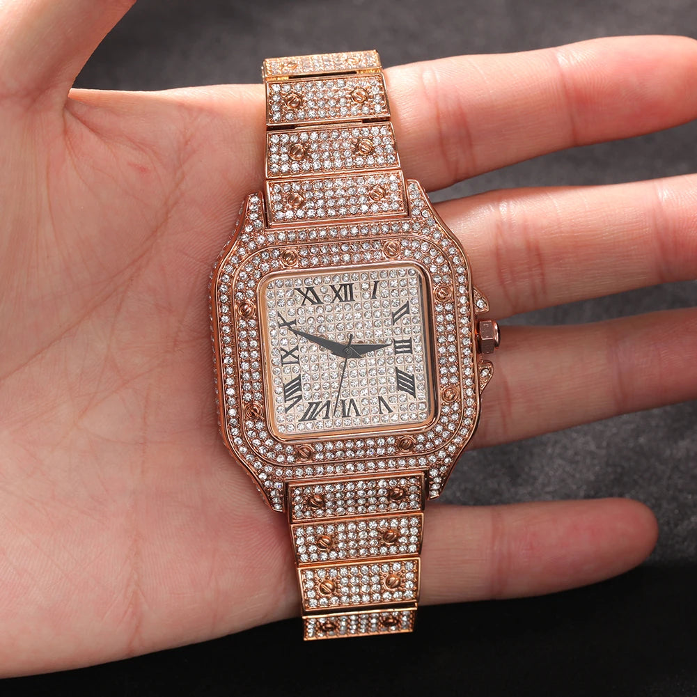 Men’s Iced Out Square Watch – Stainless Steel Luxury Quartz
