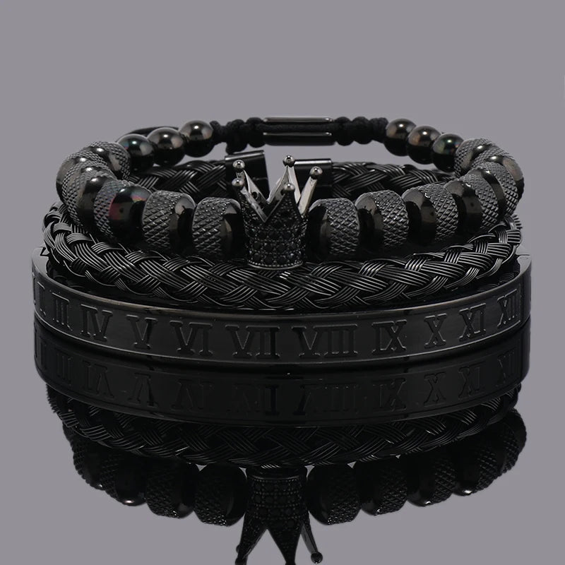 Luxury Crown Charm Bracelet Set for Men and Women, Roman Numeral Stainless Steel Bangles, Valentine's Day Gift