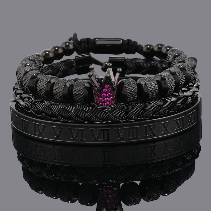 Luxury Crown Charm Bracelet Set for Men and Women, Roman Numeral Stainless Steel Bangles, Valentine's Day Gift