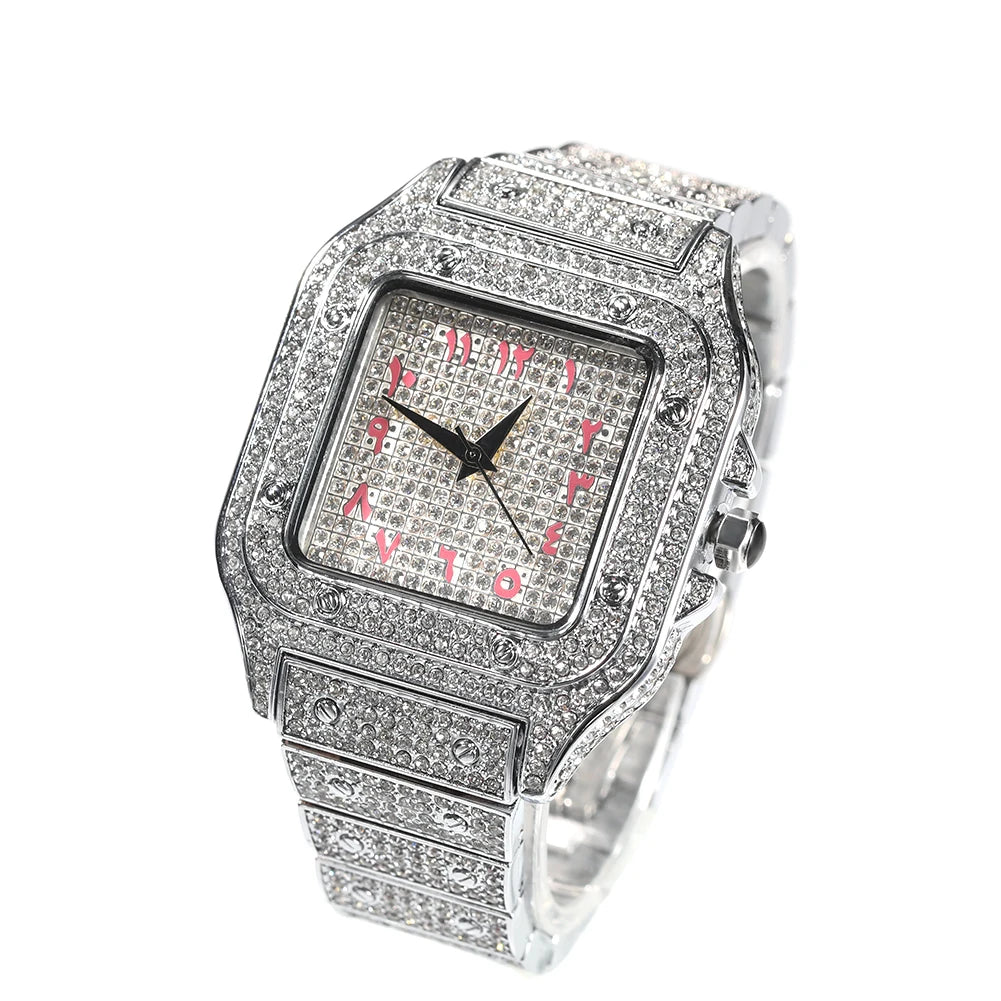 Men’s Iced Out Square Watch – Stainless Steel Luxury Quartz