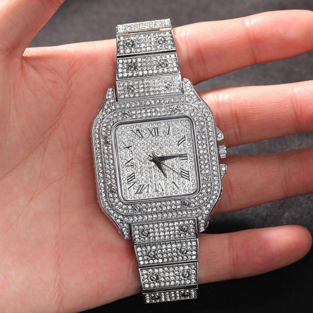 Men’s Iced Out Square Watch – Stainless Steel Luxury Quartz