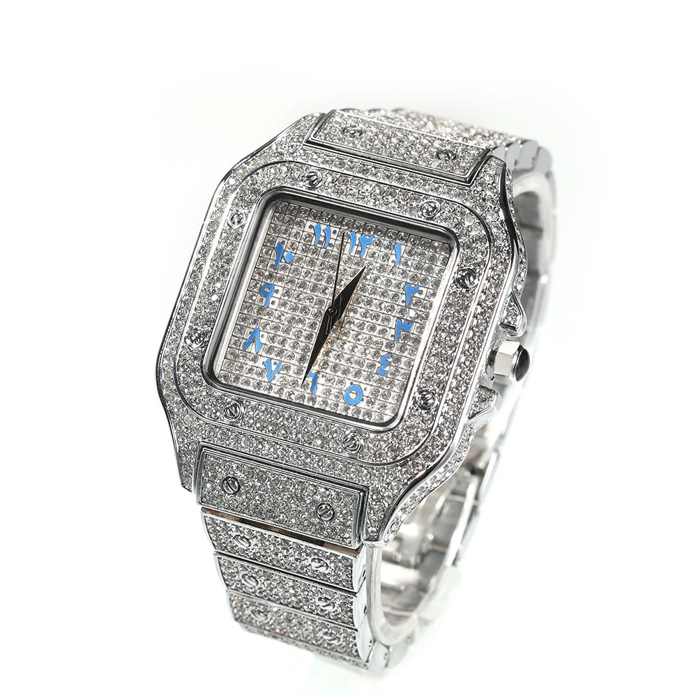 Men’s Iced Out Square Watch – Stainless Steel Luxury Quartz