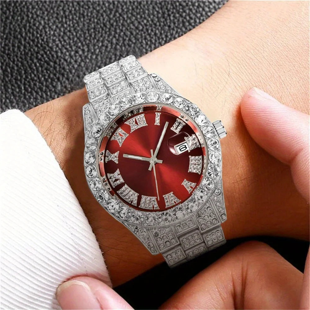 Men's Hip Hop Quartz Watch with Oversized Rhinestone Dial and Stainless Steel Band – Vintage-Inspired Retro Timepiece