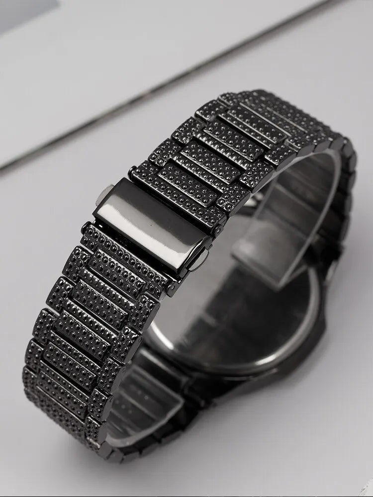Men’s Black Stainless Steel Quartz Watch with Calendar & Rhinestones
