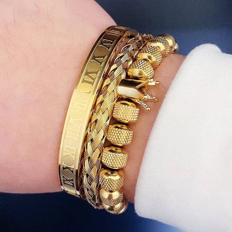 Luxury Crown Charm Bracelet Set for Men and Women, Roman Numeral Stainless Steel Bangles, Valentine's Day Gift