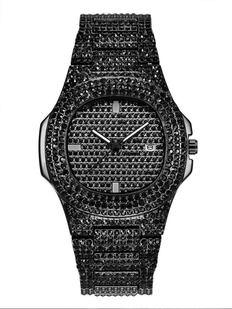 Men’s Black Stainless Steel Quartz Watch with Calendar & Rhinestones
