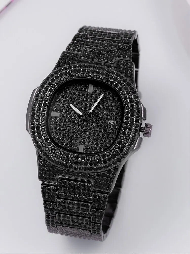 Men’s Black Stainless Steel Quartz Watch with Calendar & Rhinestones
