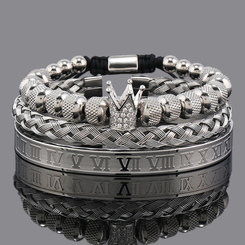 Luxury Crown Charm Bracelet Set for Men and Women, Roman Numeral Stainless Steel Bangles, Valentine's Day Gift
