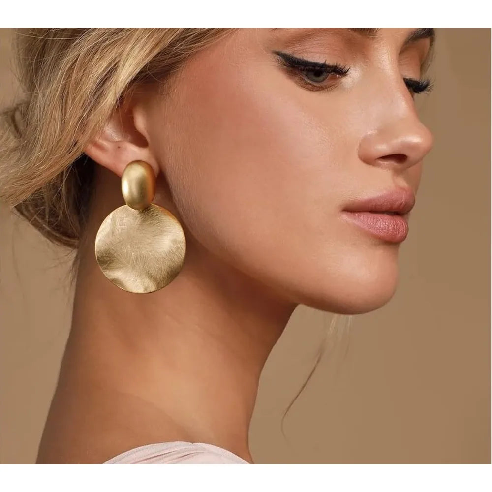 Women's Gold Hammered Disc Drop Earrings – Round Dangle Style