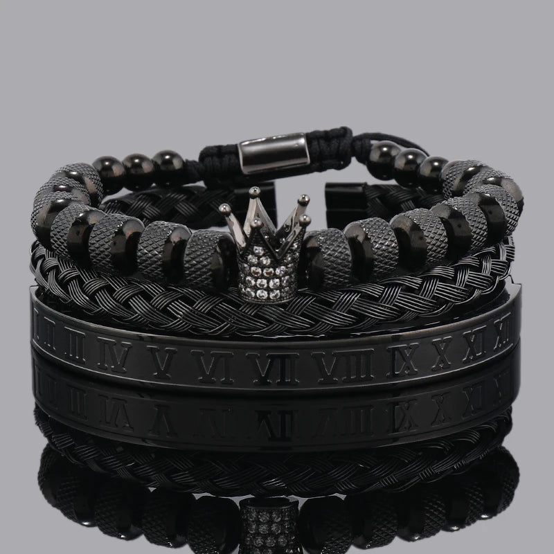 Luxury Crown Charm Bracelet Set for Men and Women, Roman Numeral Stainless Steel Bangles, Valentine's Day Gift