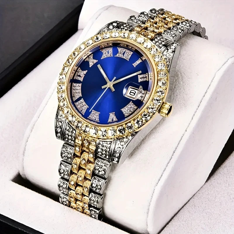 Men's Hip Hop Quartz Watch with Oversized Rhinestone Dial and Stainless Steel Band – Vintage-Inspired Retro Timepiece
