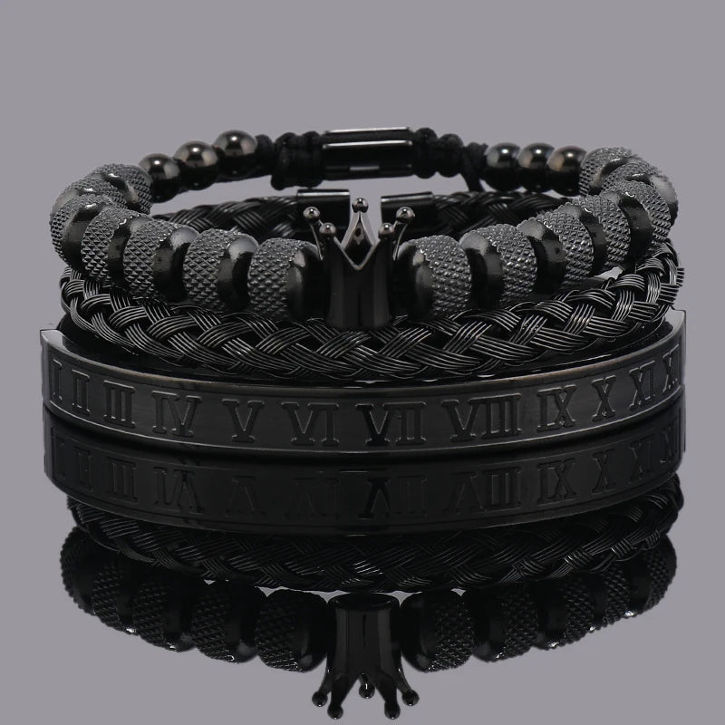Luxury Crown Charm Bracelet Set for Men and Women, Roman Numeral Stainless Steel Bangles, Valentine's Day Gift