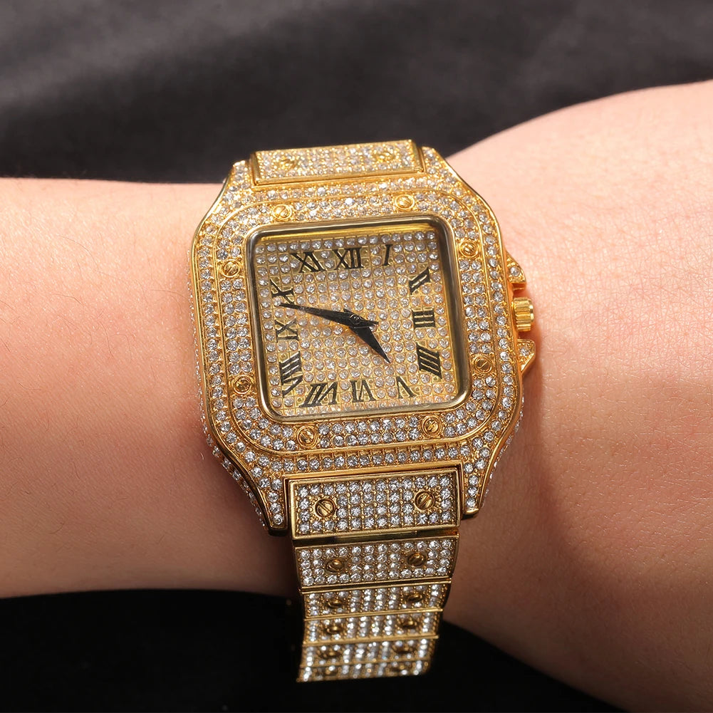 Men’s Iced Out Square Watch – Stainless Steel Luxury Quartz