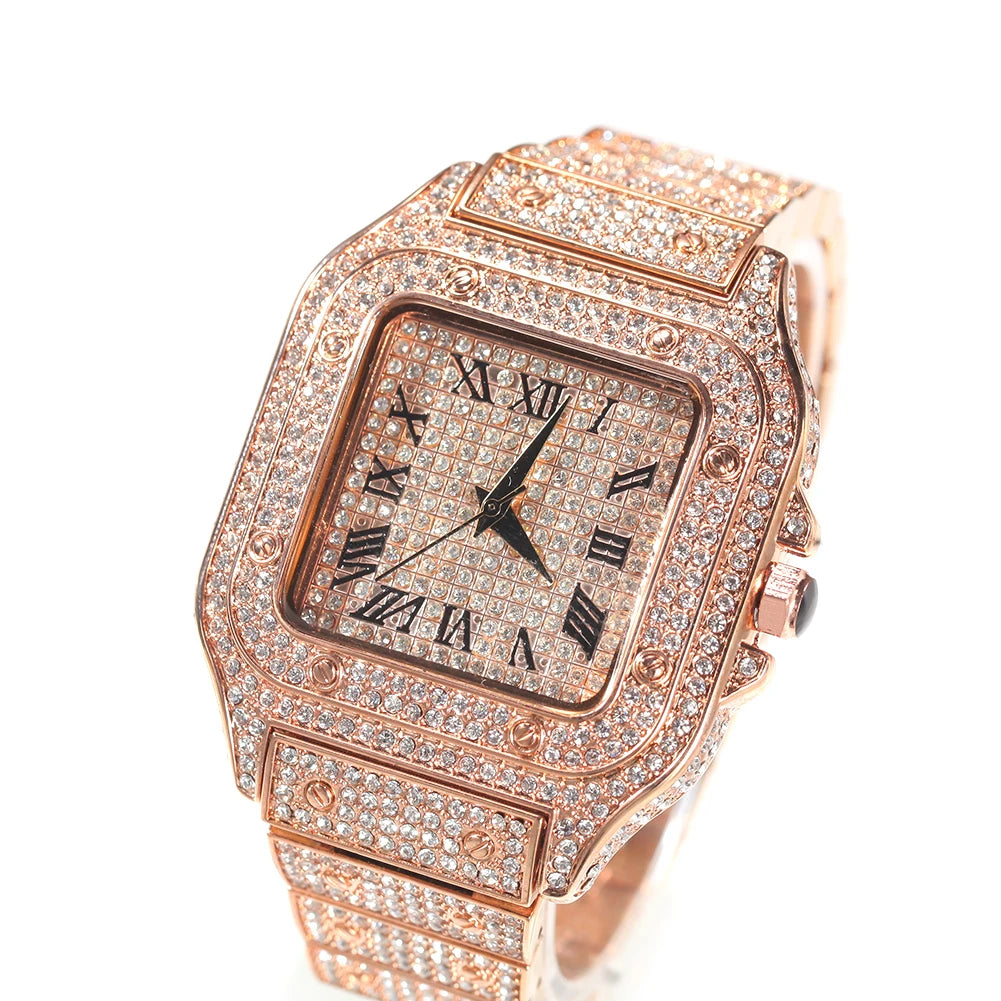 Men’s Iced Out Square Watch – Stainless Steel Luxury Quartz