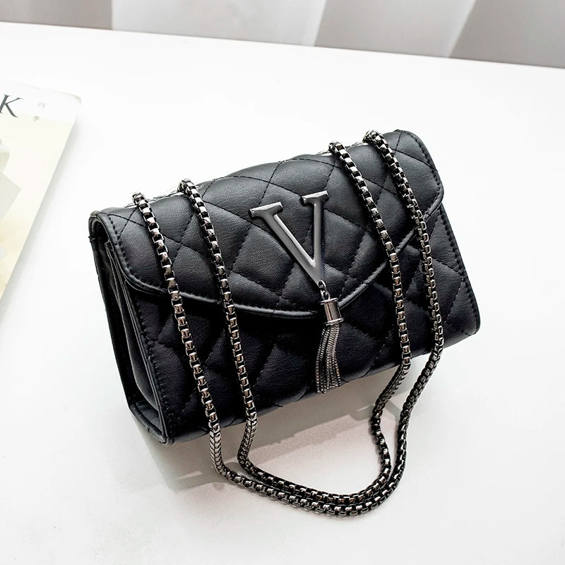 Women’s Black PU Leather Crossbody Bag – Quilted Plaid Shoulder Purse