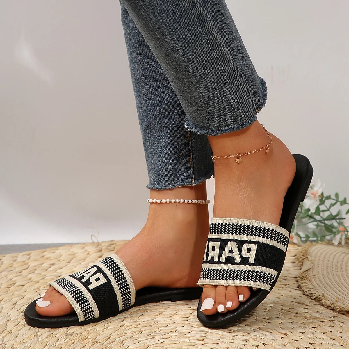 2025 Women's Casual Flat Sandals with Letter Print – Outdoor Cloth Upper Slide Slippers