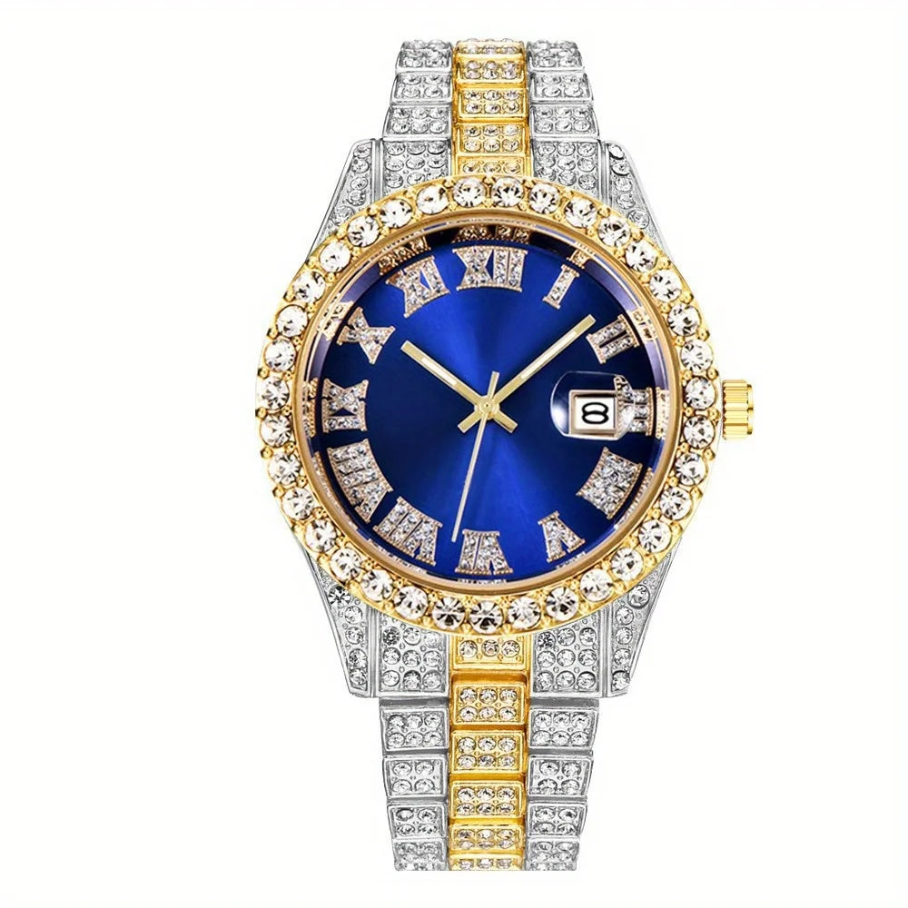 Men's Hip Hop Quartz Watch with Oversized Rhinestone Dial and Stainless Steel Band – Vintage-Inspired Retro Timepiece