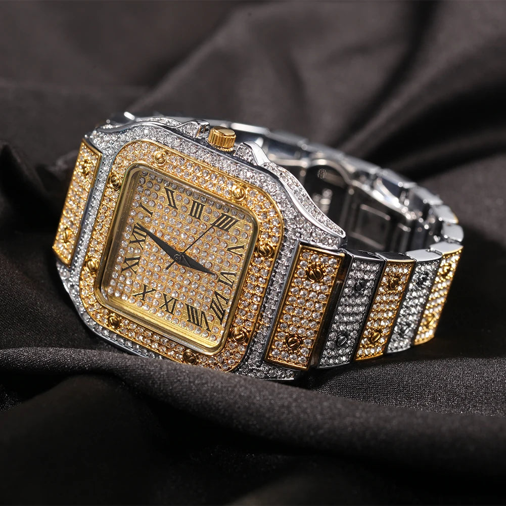 Men’s Iced Out Square Watch – Stainless Steel Luxury Quartz