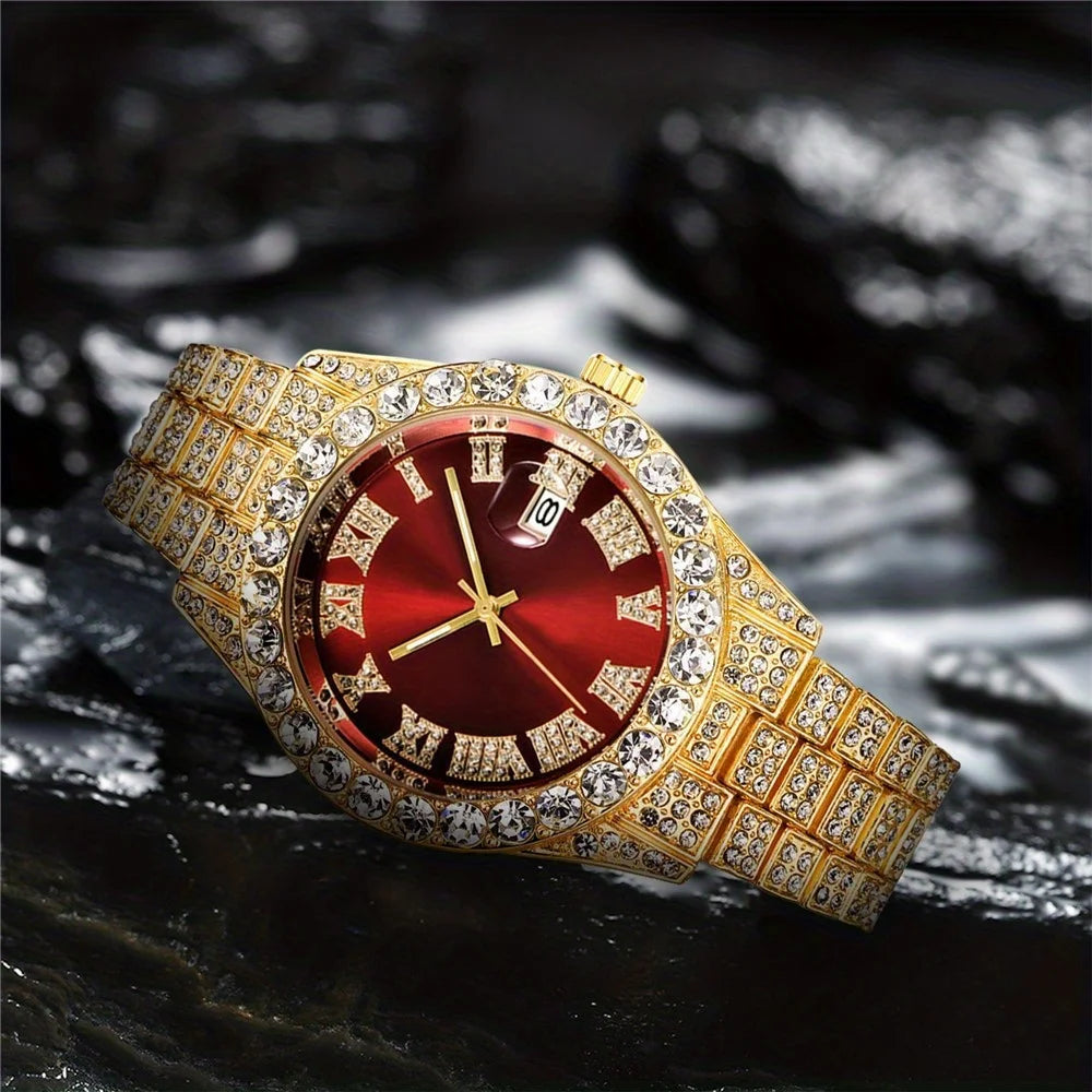 Men's Hip Hop Quartz Watch with Oversized Rhinestone Dial and Stainless Steel Band – Vintage-Inspired Retro Timepiece