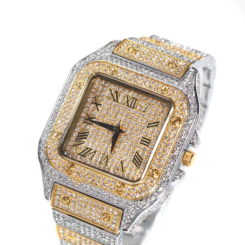Men’s Iced Out Square Watch – Stainless Steel Luxury Quartz