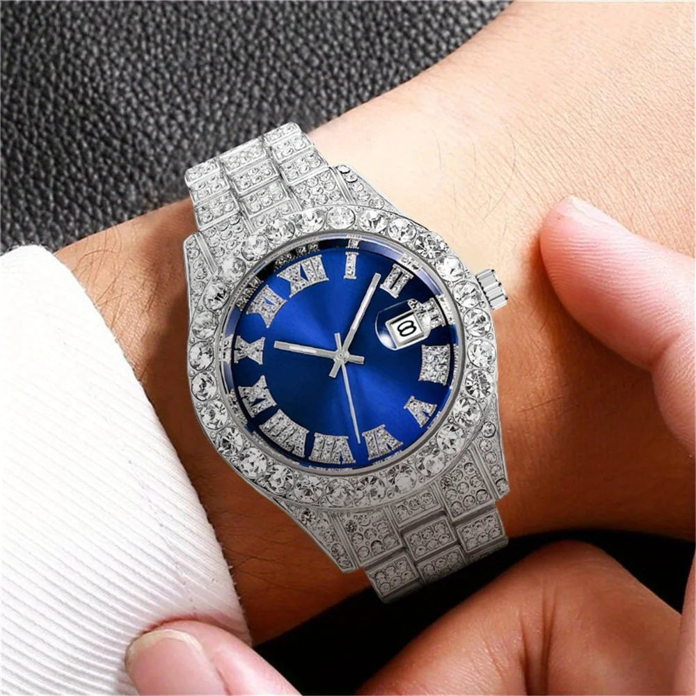 Men's Hip Hop Quartz Watch with Oversized Rhinestone Dial and Stainless Steel Band – Vintage-Inspired Retro Timepiece