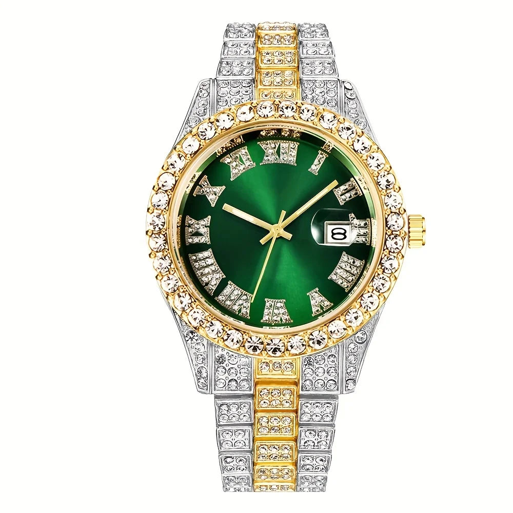 Men's Hip Hop Quartz Watch with Oversized Rhinestone Dial and Stainless Steel Band – Vintage-Inspired Retro Timepiece